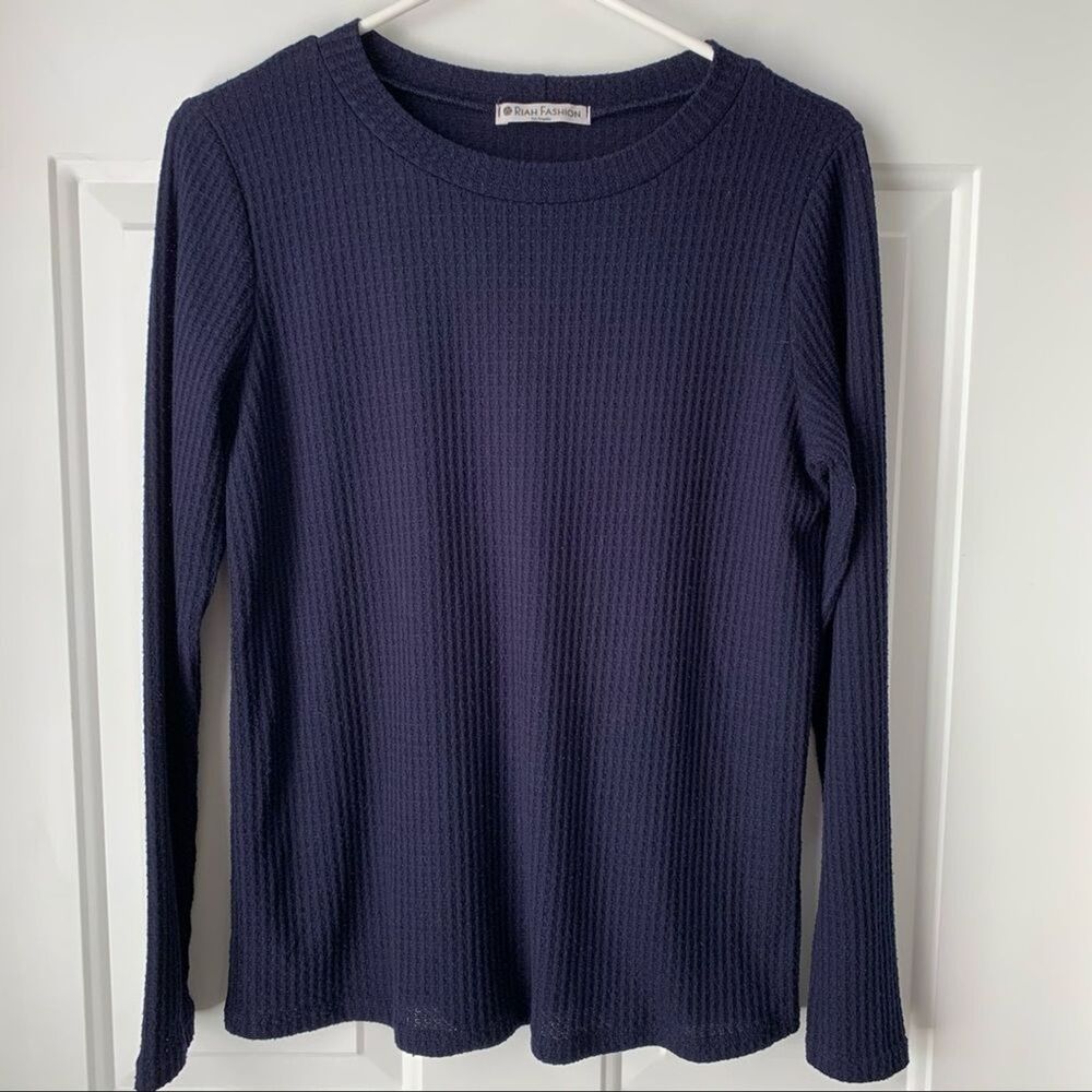 Riah Fashion Navy Blue Waffle Knit Long Sleeve Top - Picture 1 of 4